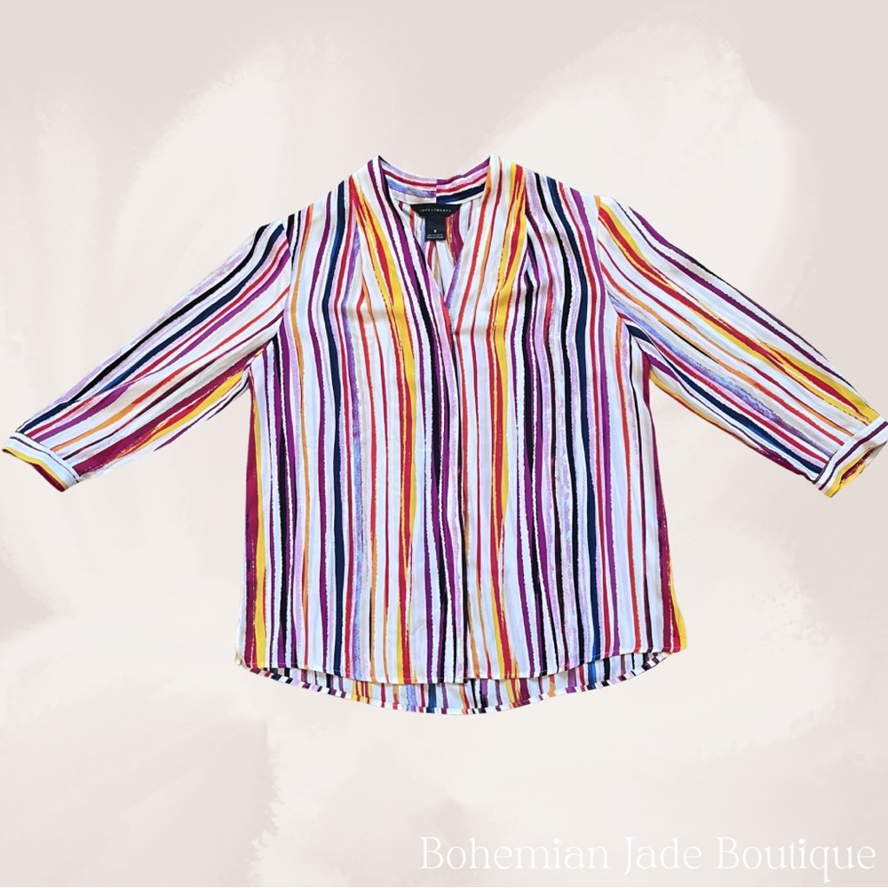 Investments Women’s Colorful Striped Button Up Blouse 3/4 Sleeves- Size Small